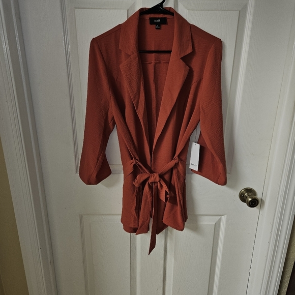 Naif Womens Rustic Red Orange Open Front Blouse with Relaxed Fit & Belt Large - Picture 9 of 15